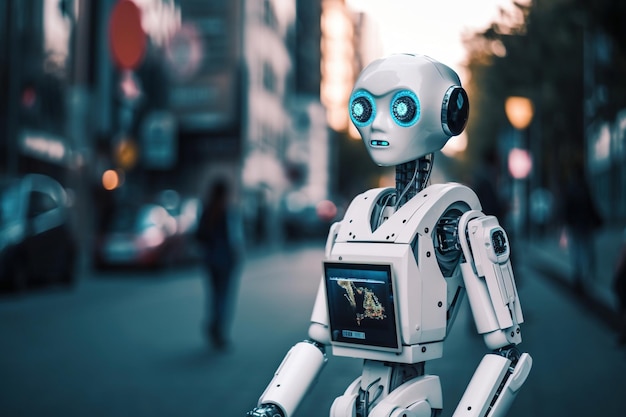 A robot with a blue face walks on a street