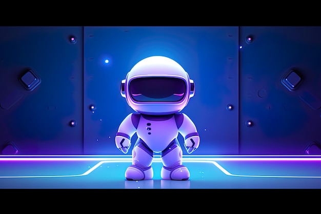 a robot with a blue light on it and a blue background with a purple background