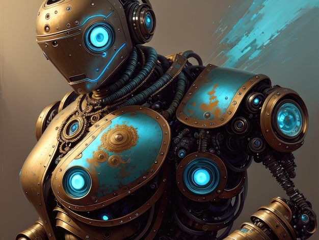 Робот с синей подсветкой и надписью «Железный человек».