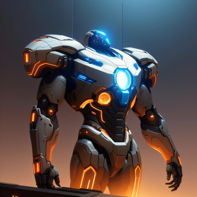 "로봇이라는 단어"라고 적힌 파란색 표시등이 있는 로봇.