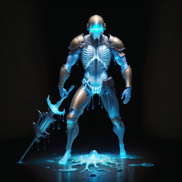 A robot with a blue mask and a sword in his hand