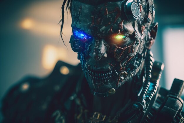 A robot with blue and red lights on his face