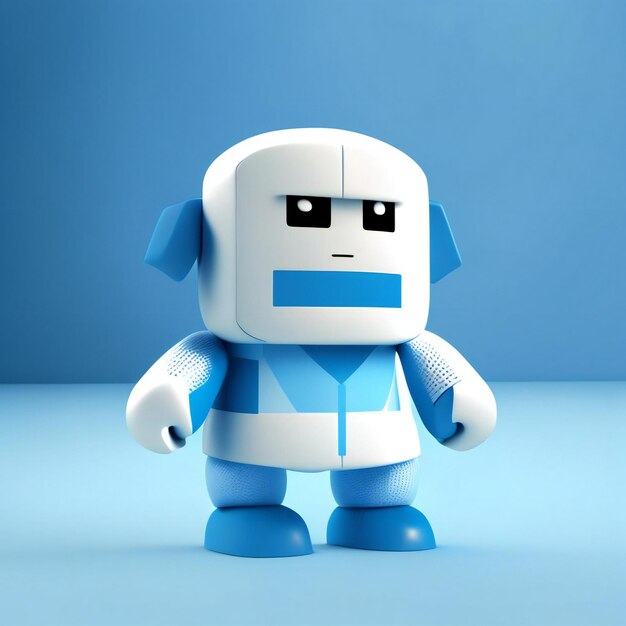 A robot with a blue shirt and a blue shirt with a face on it