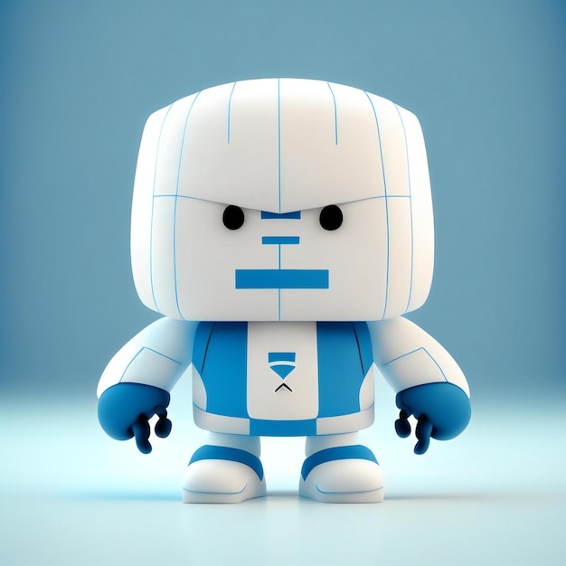 Foto un robot con una maglietta blu e una maglietta bianca sopra