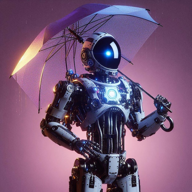 a robot with a blue umbrella and a purple background