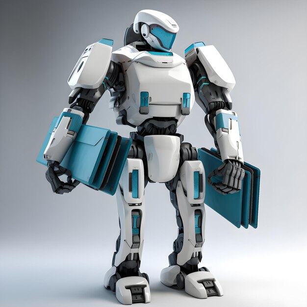 A robot with a blue and white body is standing in front of a grey background.