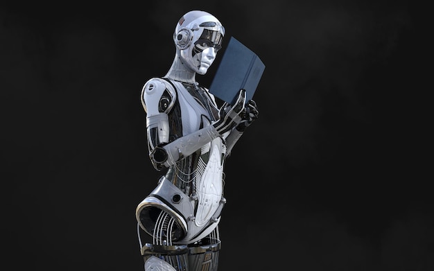 A robot with a book in his hand is reading a book.