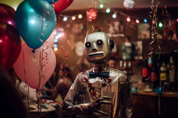 a robot with a bow tie standing in front of balloons