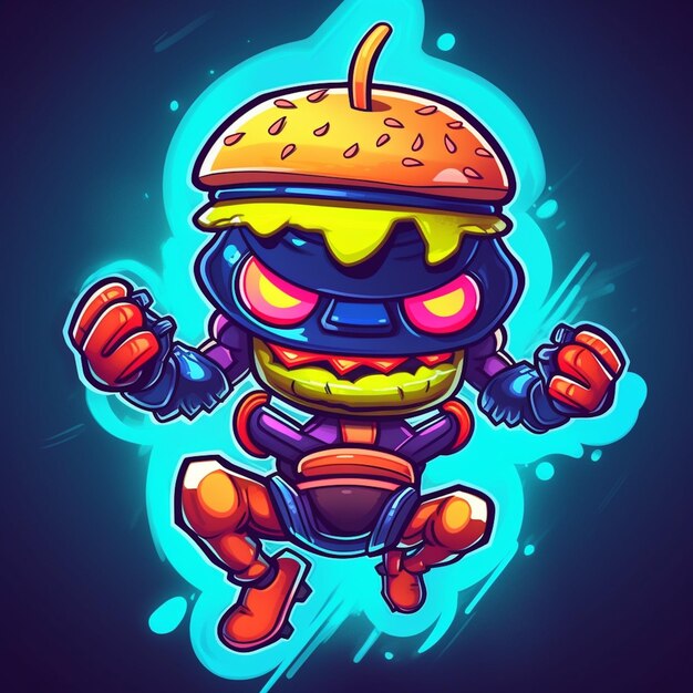 A robot with a burger helmet on his head.