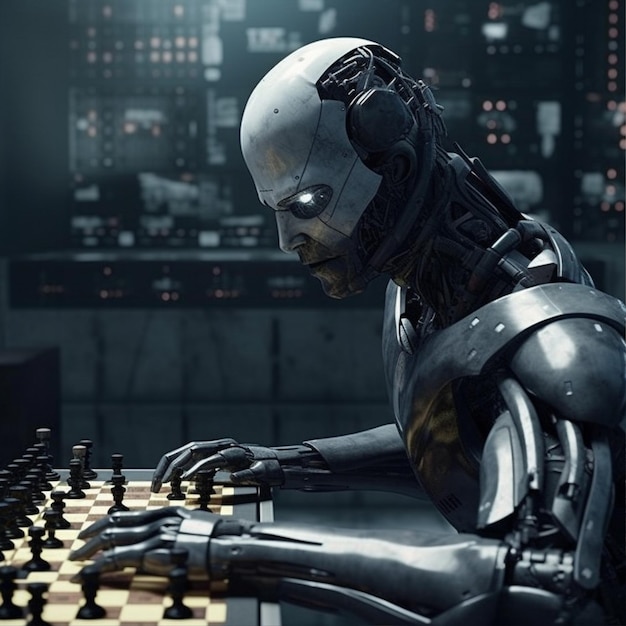 A robot with a chess board in the background