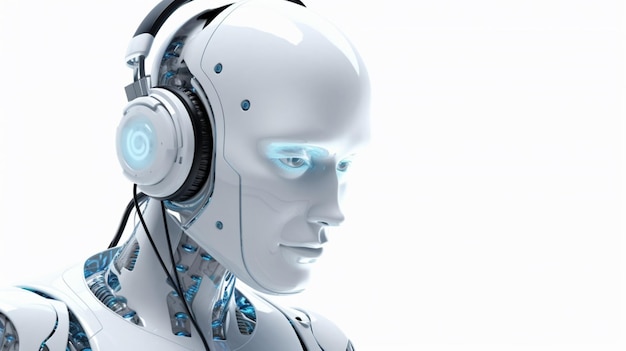 白い背景にコンピューターとヘッドフォンを持つロボット顧客サポートのコンセプト生成 AI