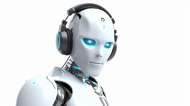 Robot with a computer and headphones on a white background Customer Support Concept Generative AI