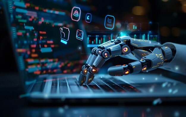 a robot with a computer screen and a laptop with the words  robot  on the screen