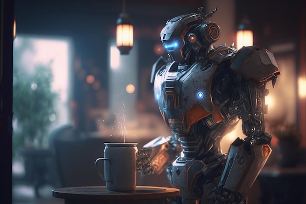 A robot with a cup of coffee in the background