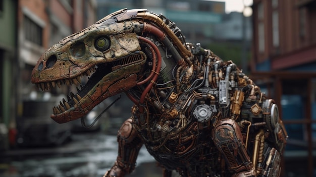 A robot with a dinosaur on it