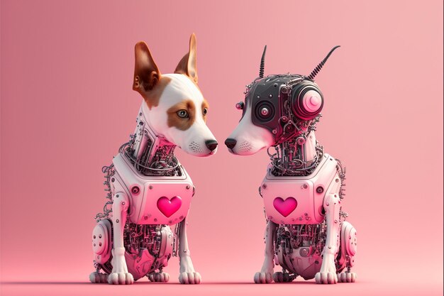 ロボットと友人の犬 2匹の可愛い犬が顔を向けて友好的に互いに見つめている