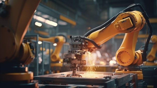 A robot with a flame on the arm is working on a piece of metal.