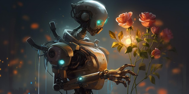 A robot with a flower in his hand looks at a woman.