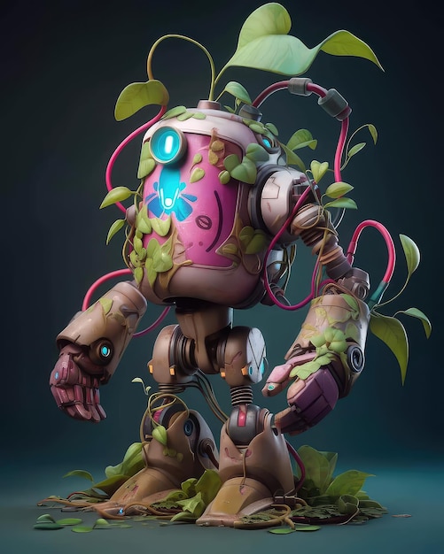 A robot with a flower on its legs is standing in a garden.