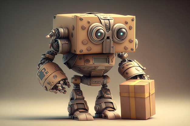 Robot with gift box full of gadgets ready to surprise its owner