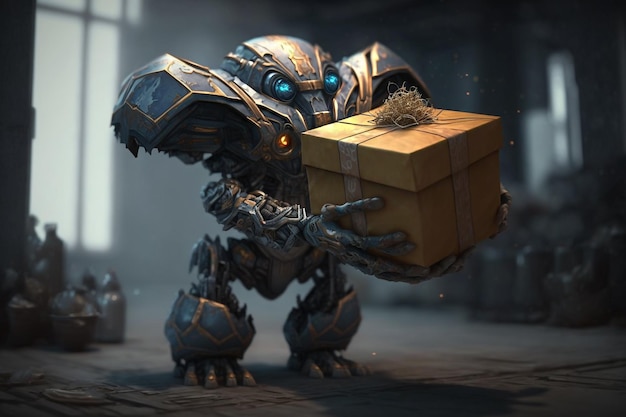 Robot with gift box in hands illustration Generative AI