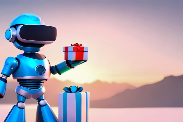 A robot with a gift box in his hand is holding a gift box.