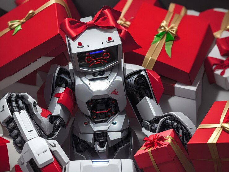 Photo robot with gift boxes christmas concept isolated