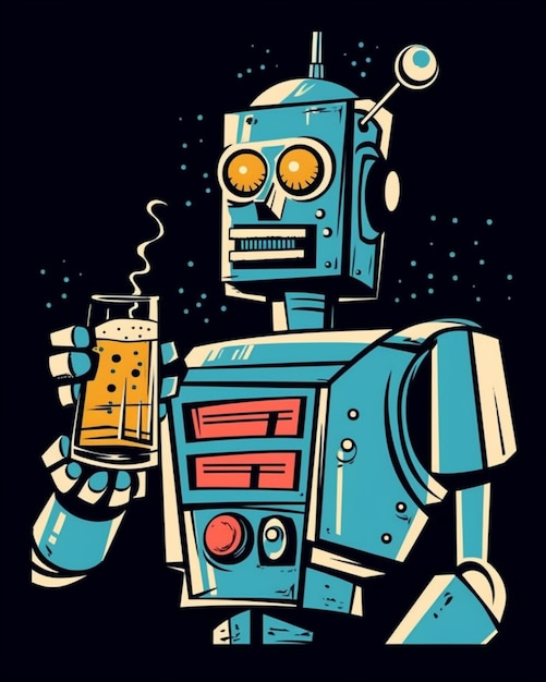 A robot with a glass of beer in his hand.