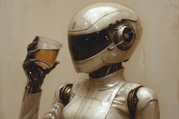 A robot with a glass of juice in his hand in the interior