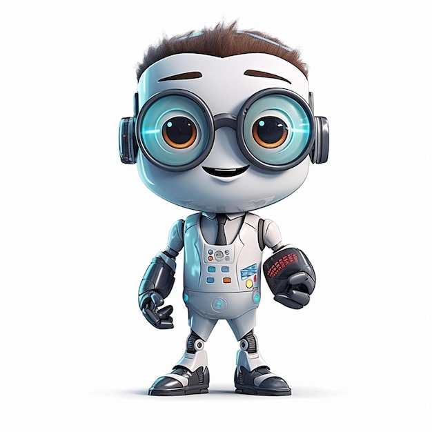 Photo a robot with glasses and a white shirt is standing in front of a white background.