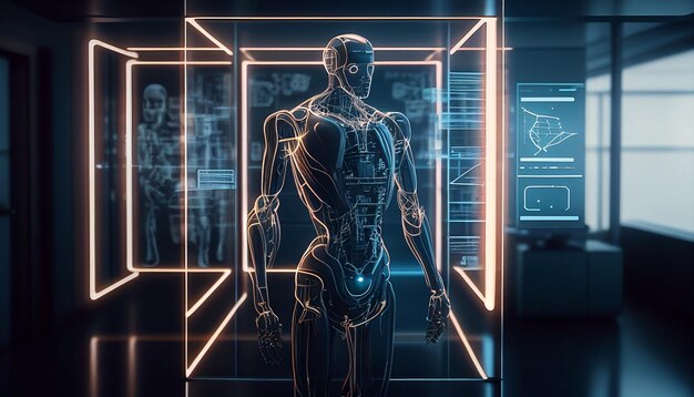 A robot with a glowing back is standing in a room with a glass door that says'ai '