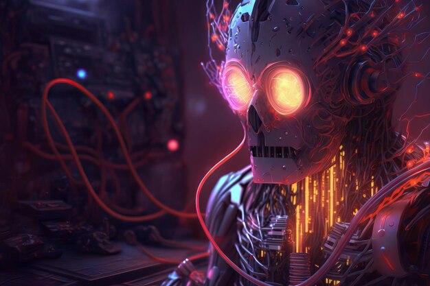 Robot with glowing eyes artificial intelligence concept art