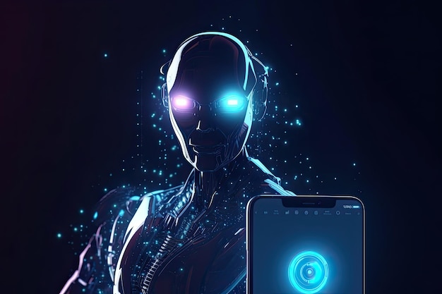 A robot with glowing eyes is holding a phone with a green button on it.