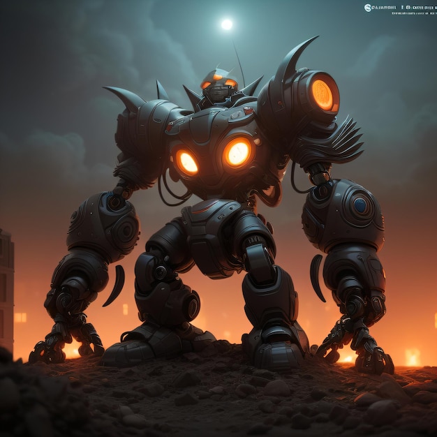 Photo a robot with glowing eyes standing on a hill in front of a city at night with a full moon in the sky