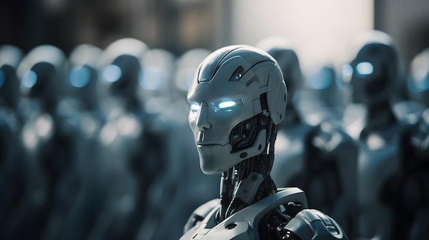 A robot with glowing eyes stands in a crowd.