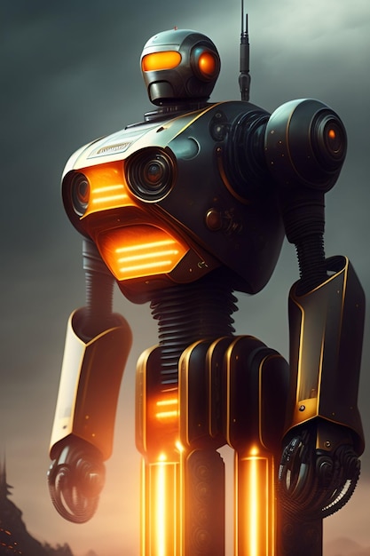 輝く顔とオレンジ色のライトが光るロボット。