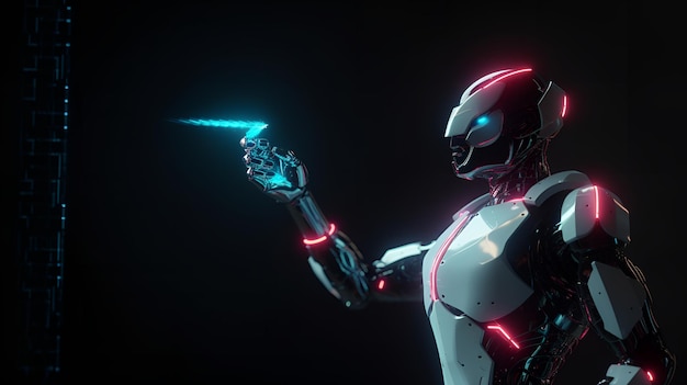 A robot with a glowing light in the background