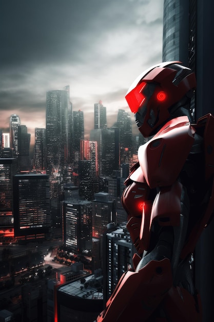 Foto robot con una visiera rossa incandescente nel paesaggio urbano ai generativo