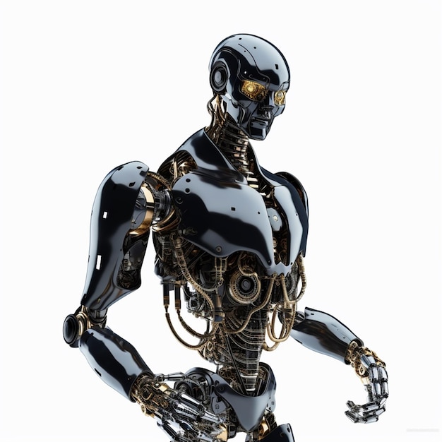 A robot with gold and black arms and arms is standing in front of a white background.