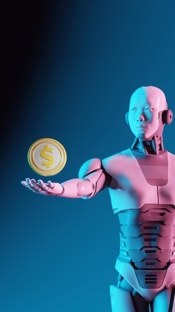 a robot with a gold coin in his hand and the letter e on it