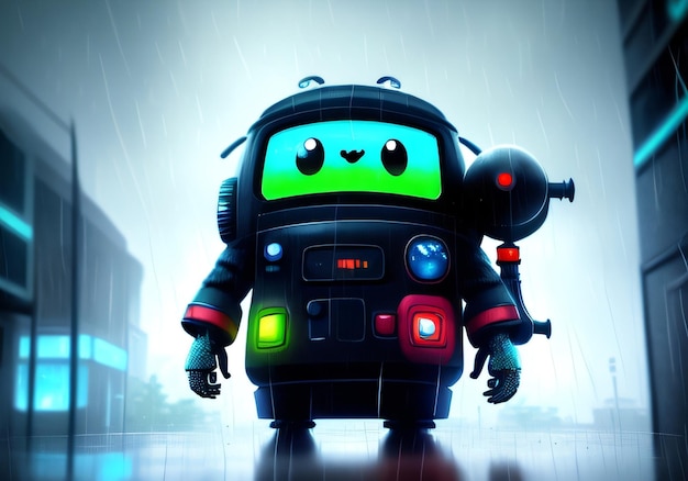 A robot with a green eyes stands in the rain.