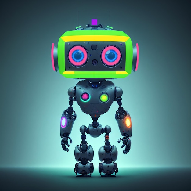 A robot with a green head and a purple light on it.