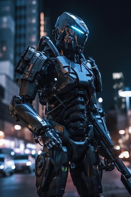 A robot with a gun on his chest stands in the street.