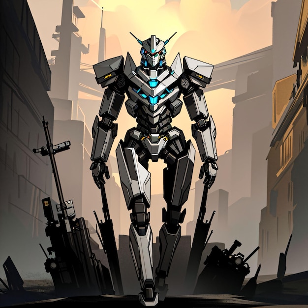 A robot with a gun in his hand is standing in the middle of a city.