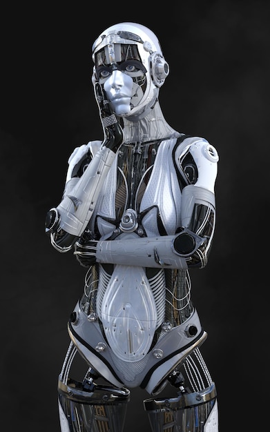 A robot with a hand on her face is looking down.