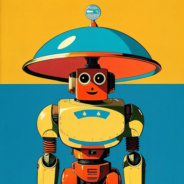 Photo a robot with a hat on its head and a blue and yellow background with a blue and yellow background an