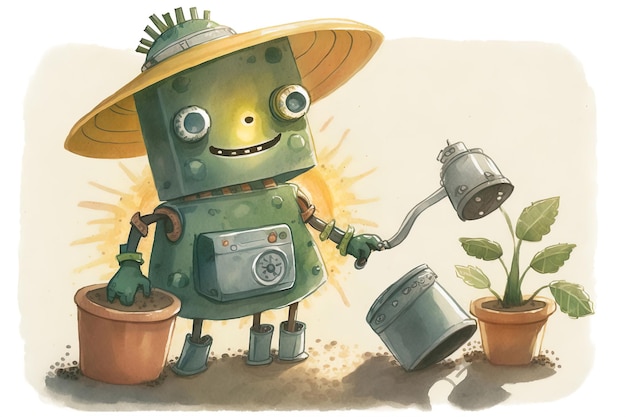 A robot with a hat and a plant pot is standing in front of a planter.