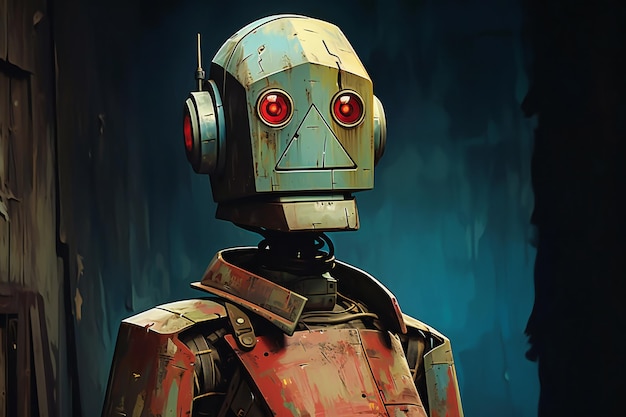 Robot with headphones on a dark background