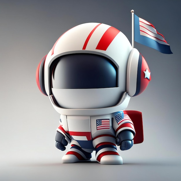 a robot with headphones and a flag.