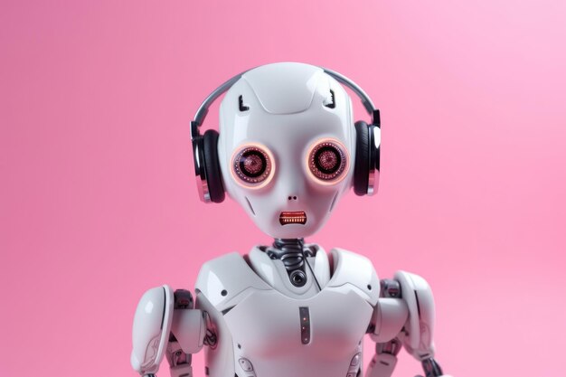 Photo robot with headphones on a pink background ai robot it technology